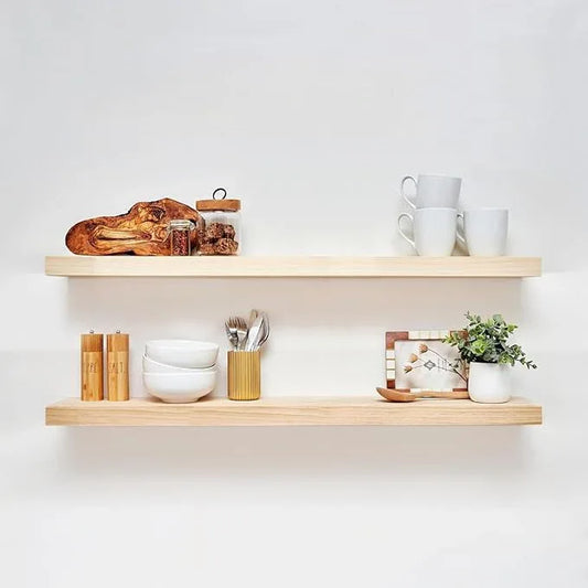 Homeforia 42 inch Natural Floating Shelf, High End Solid Real Wood 42inch Small Floating Shelves for Wall Mounted, Natural Wooden Floating Shelves, Heavy Duty Bracket, 42 X 6.5 X 1.75 in, Set of 3 - ModernBath