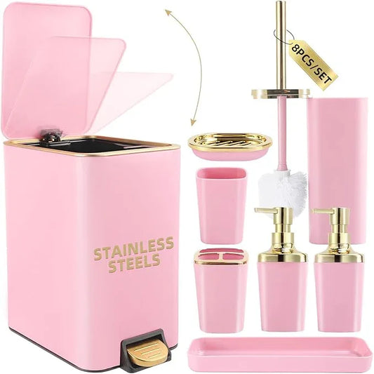 XLHOMO Pink Bathroom Accessories Set 8 Piece Pink and Gold Bathroom Set, Bathroom Sets with Stainless Steel Trash Can,Toilet Brush,Toothbrush Set,Soap Dispenser - ModernBath