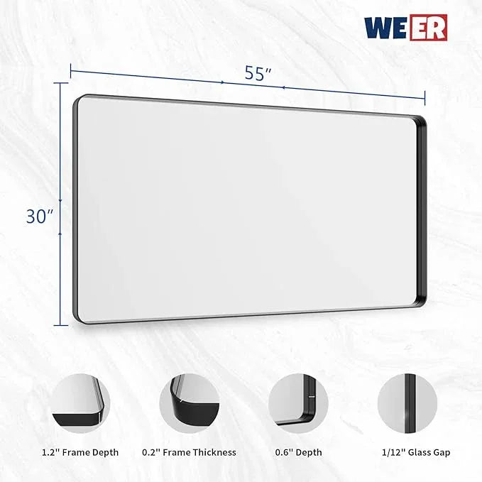WEER Black Metal Frame Bathroom Mirror, 55x30 Inch Black Bathroom Vanity Mirror for Over Sink Wall, Rounded Rectangle Matte Black Mirror, Anti-Rust, Tempered Glass, Hangs Horizontally or Vertically - ModernBath