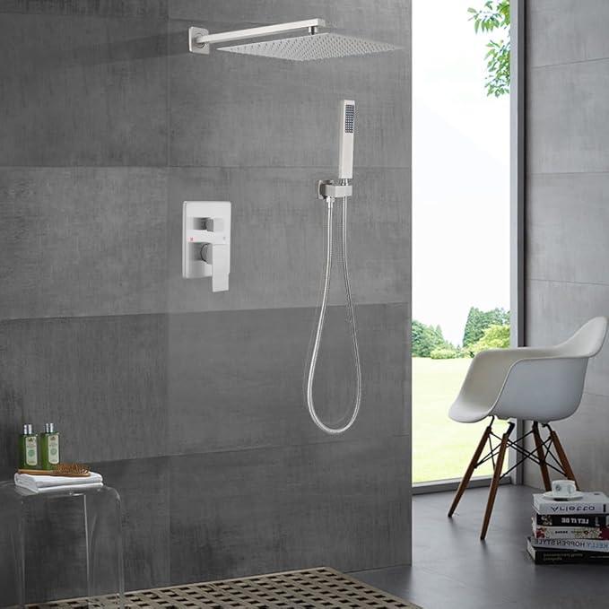 JingGang Brushed Nickel Shower System 12 Inch Bathroom Luxury Rain Mixer Shower Combo Set Wall Mounted Rainfall Shower Head and Handheld System Shower Faucet Set Rough-in Valve Body and Trim Kit - ModernBath