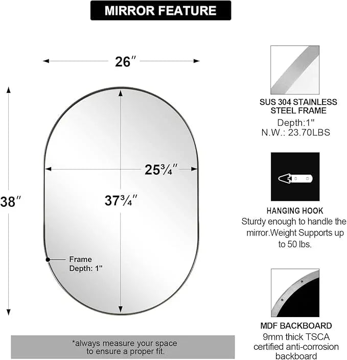 ANDY STAR 26x38’’ Brushed Nickel Oval Bathroom Mirror, Pill-Shaped Nickel Mirror Metal Framed, Stainless Steel Anti-Rust, Wall-Mounted Vertical/Horizontal - ModernBath