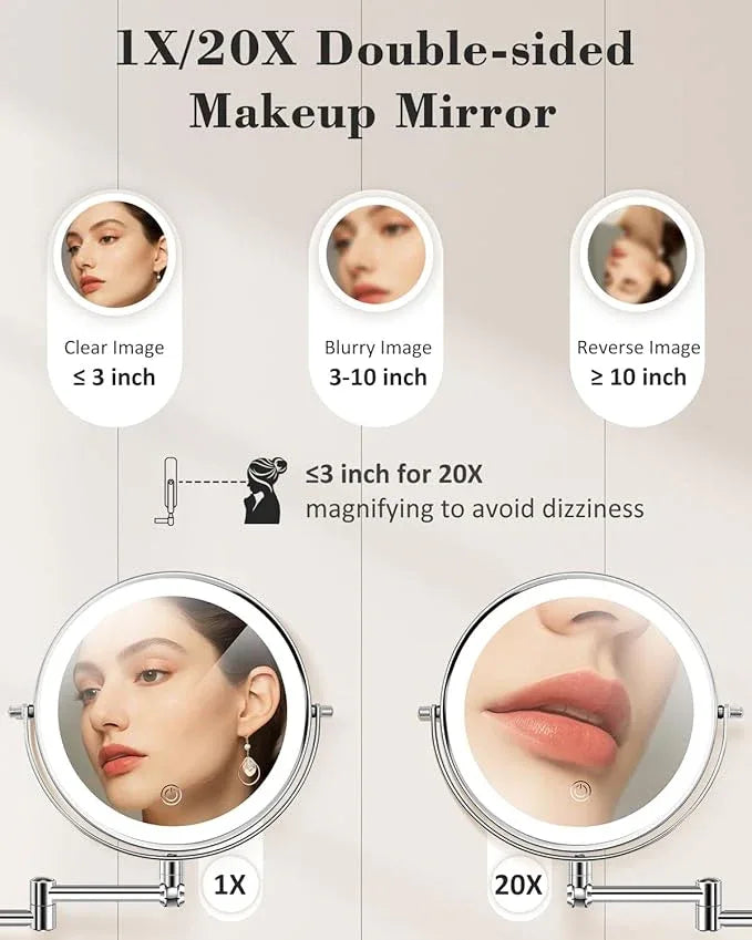 vpu 9" Wall Mounted Makeup Mirror with Light, 20X/1X Height Adjustable Double Sided Magnifying Bathroom Lighted Mirror, 3 Color Touch Dimmable Extended Arm 360 Rotation Light up Magnification Mirrors - ModernBath