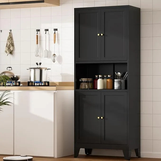 Metal Kitchen Pantry Cabinet, 69" Tall Storage Cabinet with 4 Doors and 3 Adjustable Shelves, Freestanding Cupboards for Dining Room, Living Room, Bathroom (Black, 69" H) - ModernBath