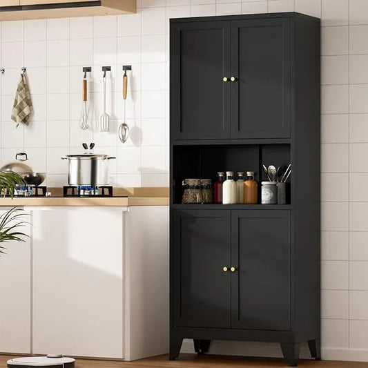 Metal Kitchen Pantry Cabinet, 69" Tall Storage Cabinet with 4 Doors and 3 Adjustable Shelves, Freestanding Cupboards for Dining Room, Living Room, Bathroom (Black, 69" H) - ModernBath