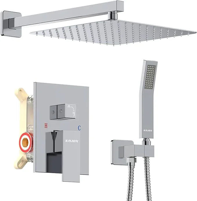 KOJOX Shower System with High Pressure 10 Inch Rainfall Shower Head, Handheld Shower head and Shower Faucet Trim, Rain Mixer Shower Set Wall Mounted Chrome（Valve Include） - ModernBath