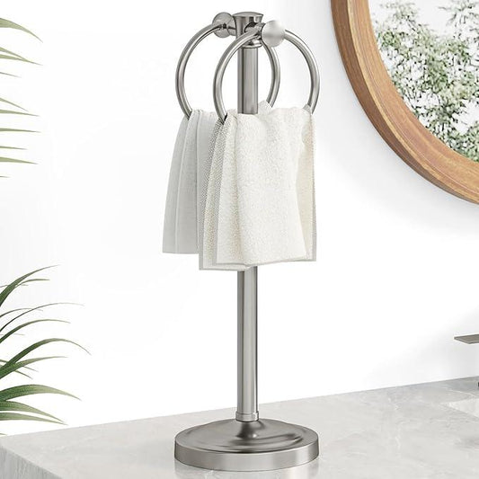 Hoimpro 17" Brushed Nickel Standing Towel Rack Bracket, Double Towel Ring Hand Towel Free Stand Holder Bathroom Hardware Accessories Set, Towel Bar for Bathroom Vanities and Kitchen Countertops - ModernBath