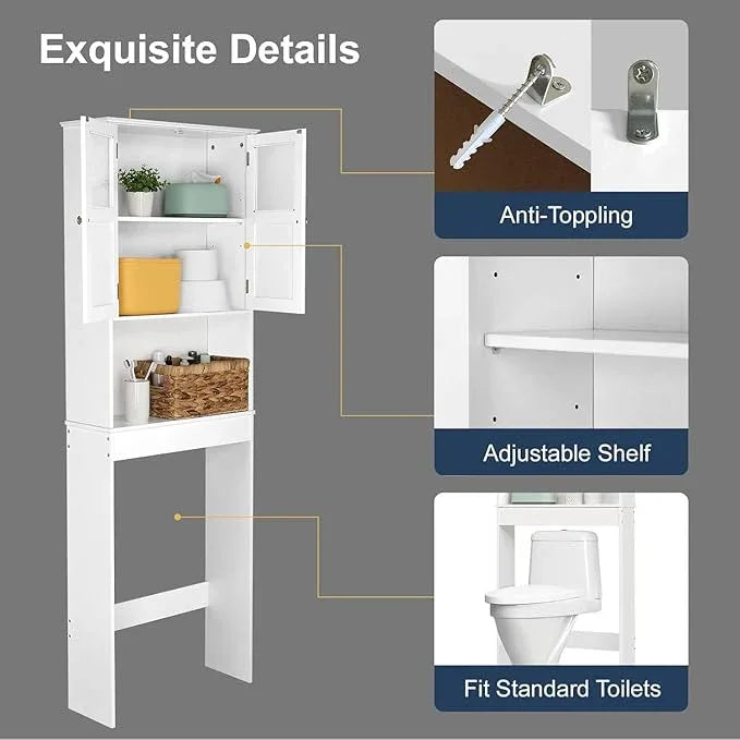 VINGLI Over The Toilet Storage Cabinet White Bathroom Storage Organizer Above The Toilet Shelf with Acrylic Glass Double Doors Wood Muebles para BañO Rack with Adjustable Shelf - ModernBath