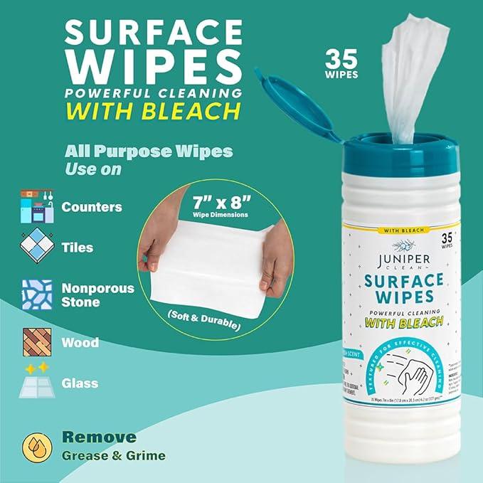 Juniper CLEAN 1 Pack Surface Cleaning Wipes with Bleach, All-Purpose Cleaner for Bathroom, Kitchen, Office, 35 Count Canister, 7.5" x 7" Sheet, Fresh Scent, Lint Free & Durable - ModernBath