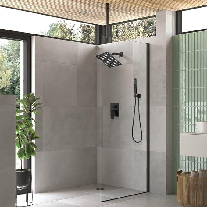 Heable Matte Black Shower System with High Pressure 8'' Rainfall Shower Head, Handheld Shower head, Bathroom Luxury Rain Mixer Shower Combo Set Wall Mounted Shower Faucet Rough-in Valve and Trim Kit - ModernBath