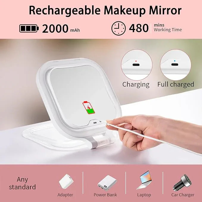 DESCHEN Rechargeable Travel Makeup Vanity Mirror with Lights and Magnification, Portable 1X/10X Magnifying Mirror with 3 Color Light, Lighted Makeup Mirror with Magnification, Folding LED Desk Mirror - ModernBath