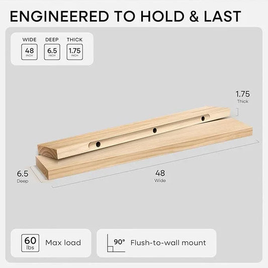 Homeforia 48 inch Natural Floating Shelf, High End Solid Real Wood 48inch Small Floating Shelves for Wall Mounted, Natural Wooden Floating Shelves, Heavy Duty Bracket, 48 X 6.5 X 1.75 in, Set of 3 - ModernBath