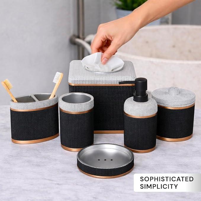 Decozen Bathroom Accessories Set 6Pcs – Soap Dispenser, Toothbrush Holder, Tumbler, Soap Dish & Cotton Swab Jar – Modern Bathroom Decor, Bath Set for Christmas Decor, Seiler - ModernBath