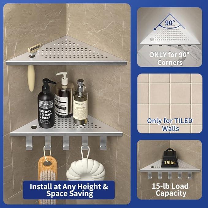Grout in Shower Shelves with Hooks, 304 Stainless Steel Corner Bathroom Shelf for Tiled Wall (Brushed, 10'' x 10'') - ModernBath
