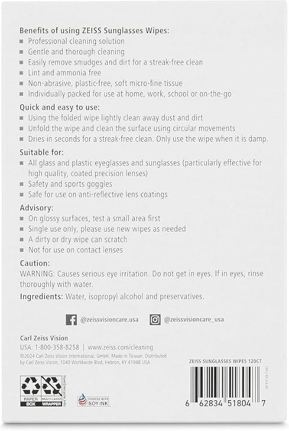 ZEISS Pre Moistened Sunglasses Cleaning Wipes 120 Count - ModernBath