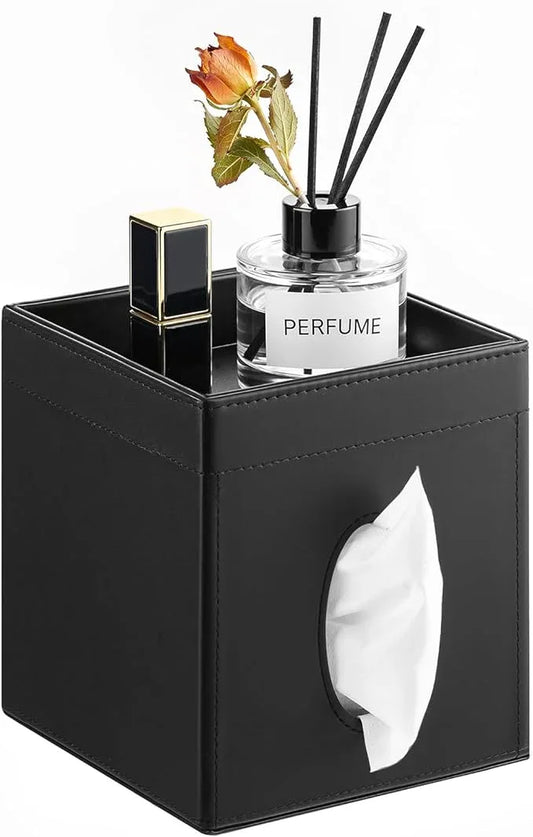 Luxspire Square Tissue Box Cover, PU Leather Square Tissue Box Cover with Storage Tray, Tissue Box Holder, Tissues Cube Boxes Cover for Living Room, Bedroom Countertop Cars Hotels, Black - ModernBath