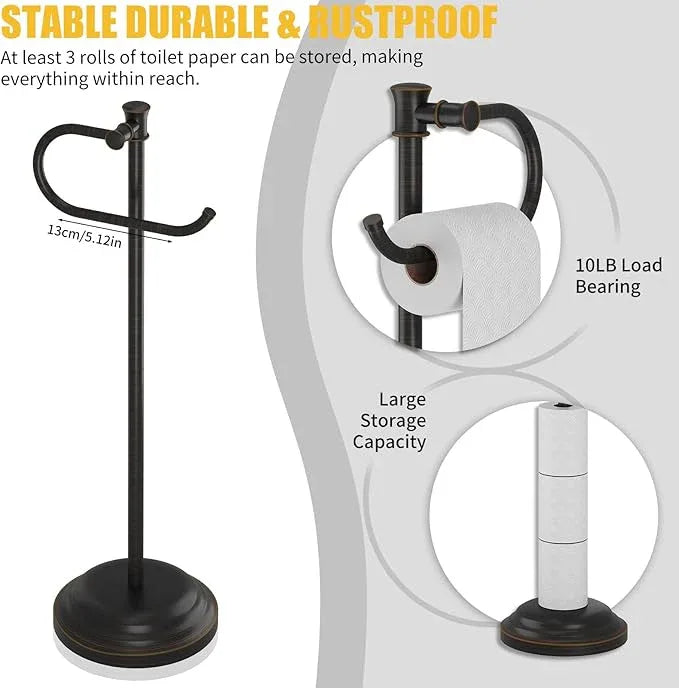 BESy Toilet Paper Holder Free Standing Bathroom Toilet Tissue Holder Stand for Floor Toilet Paper Roll Holder with Storage Hardware Accessories Rack Hand Towel Bar Oil Rubbed Bronze Stainless Steel - ModernBath