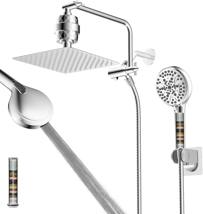 Filtered Shower Head, 10" High Pressure 10-Spray Handheld/Rainfall Shower Head Combo with 20 Stage Shower Filter, 11" Shower Extension Arm, 71" Hose, Shower Head Holder, Chrome - ModernBath