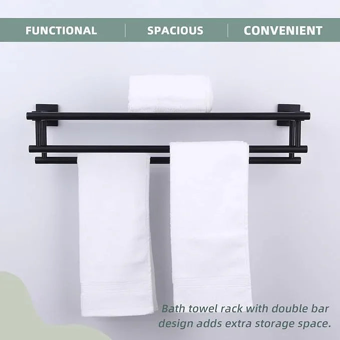 Bathroom Towel Shelf with Bar, Angle Simple Stainless Steel Bath Towel Rack, Double Towel Holder with Shelf, Wall Mount Train Rack Matte Black 23.62 Inches - ModernBath