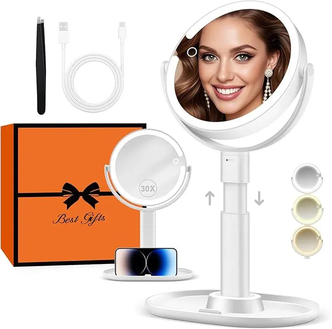 B Beauty Planet Vanity Mirror with Lights, 30X Magnifying Makeup Mirror with 3 Lighting and Adjustable Brightness, Rechargeable 2-Sided Height Adjustable Desk Mirror for Bathroom, Gift for Women White - ModernBath