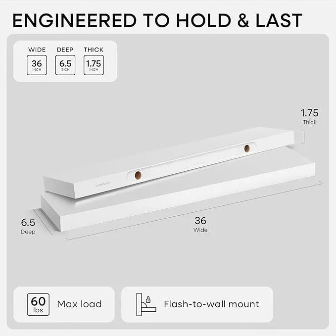Homeforia White Floating Shelves 36 inch, High End Solid Real Wood 36inch Floating Shelf for Wall Mounted, White Wooden 36in Long Floating Shelves, Heavy Duty Bracket, 36 X 6.5 X 1.75 inches, Set of 2 - ModernBath