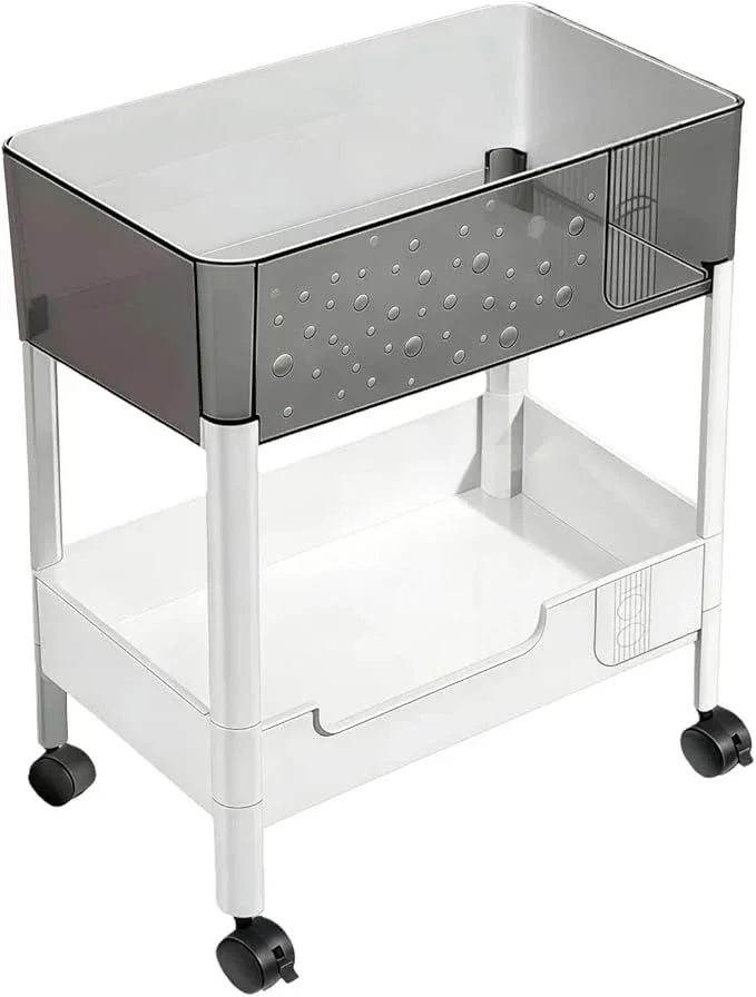 2 Tier Rolling Cart with Wheels for Under Desk Storage, Heavy Duty Plastic Short Small Utility Cart for Small Space Pantry Room Kitchen Laundry Bathroom, 4.7'' Deep Baskets for Tall Bottles - ModernBath