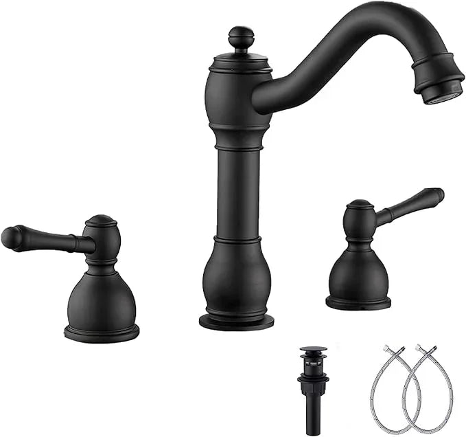 GGStudy 2 Handles 3 Holes Faucet Widespread Bathroom Sink Faucet Basin Tap Mixer Supply Hose Included Matching Pop Up Drain Matte Black - ModernBath