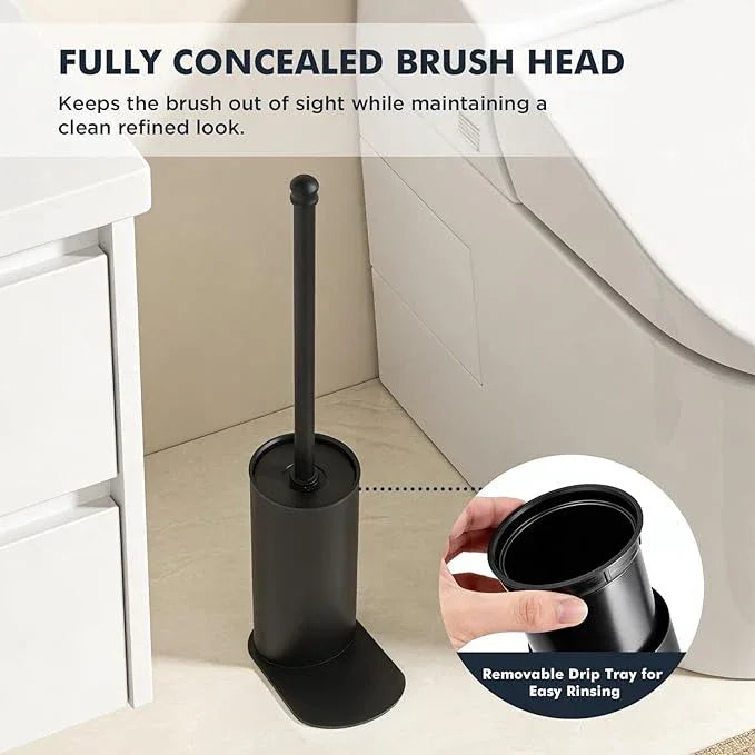 Toilet Brush and Holder Set, Stainless Steel Toilet Bowl Brush with 16.5" Long-Reach Handle, Tilted Canister with Concealed Brush Head & Anti-Splash Shield for Bathroom Cleaning, 1 Spare Head Included - ModernBath