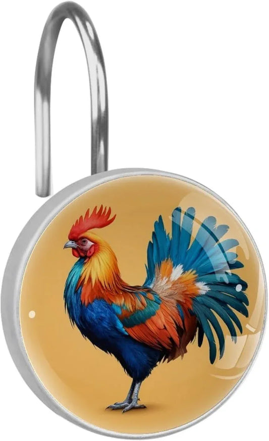 Rooster Shower Curtain Hooks, 12Pcs Decorative Rust Resistant Shower Rings for Shower Curtain Rods, Stainless Steel Round Curtain Hooks for Bathroom, Bedroom - ModernBath
