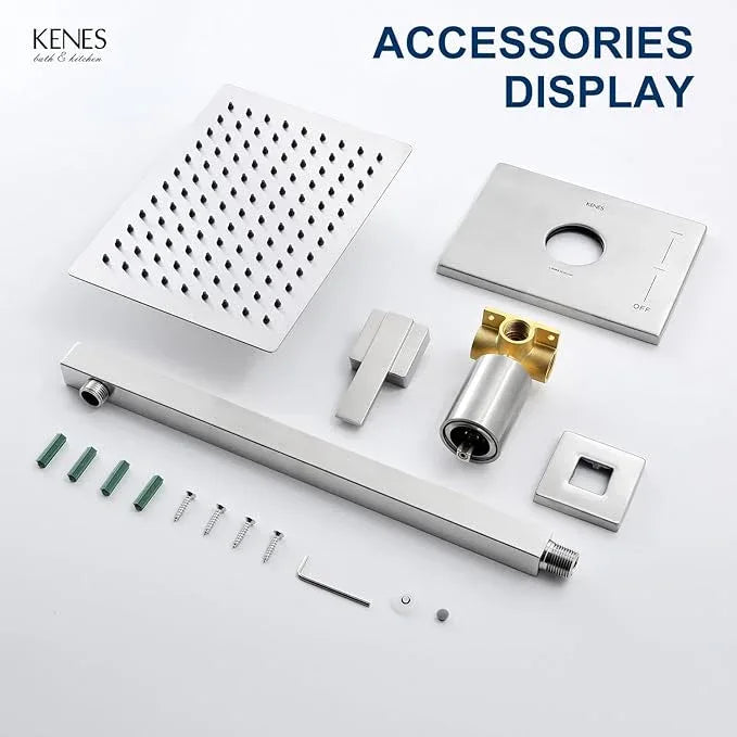 KENES Brushed Nickel 10-Inch Shower Head and Handle Set, Square Shower Faucet Set Bathroom Rainfall Shower System Wall Mount, KE-6024B (Shower Valve Included) - ModernBath