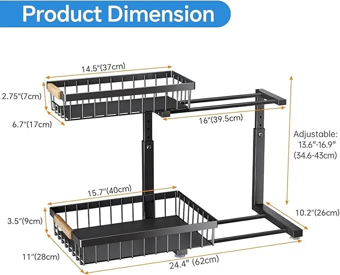 PXRACK 1 Pack Under Sink Organizer,Adjustable Height,2 Tier Pull Out Under Cabinet Organizer,Slide Out Thickened Metal Under Sink Storage for Kitchen Bathroom Laundry Cabinet Pantry,Black(L) - ModernBath