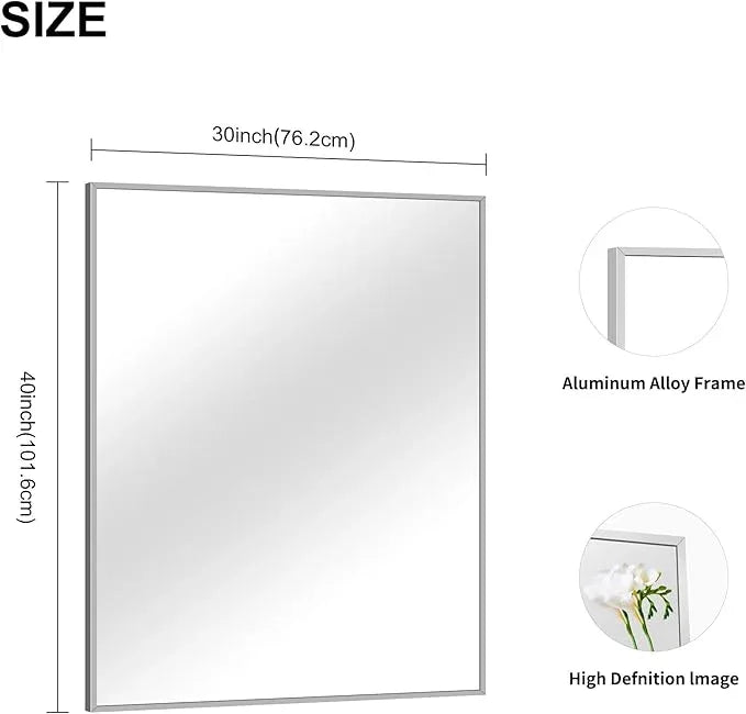COFENY 30x40In Silver Bathroom Mirror for Wall, Brushed Nickel Rectangle Mirrors with Metal Frame, Bathroom Rectangular Mirror Modern Wall Mirror for Bedroom Living Room, Hangs Horizontal or Vertical - ModernBath
