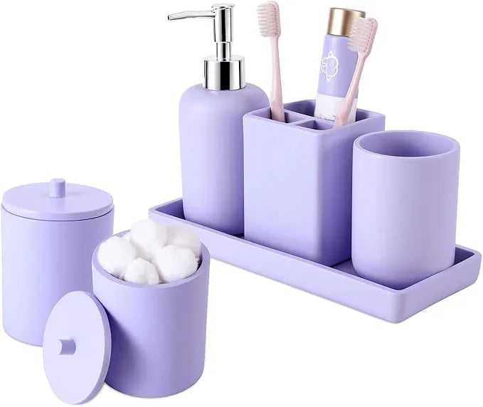 Resin 6 Pcs Purple Bathroom Set Complete with Toothbrush Holder, Lotion Soap Dispenser, 2 Qtip Holder Dispensers,Vanity Tray,Bathroom Tumbler - Countertop Vanity Organizer - Bathroom Accessories - ModernBath