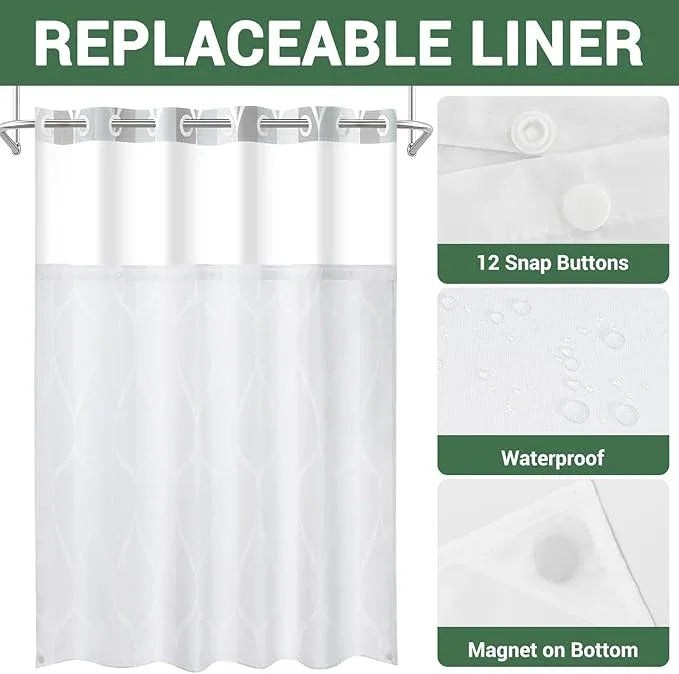 Yiatn No Hook Grey Extra Long Shower Curtain with Snap in Fabric Liner Set - Hotel Style with See Through Mesh Top Window, Modern Geometric Waterdrop Design,Waterproof and Washable, 71x86 INCH - ModernBath