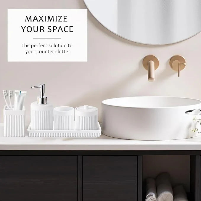 XLHOMO 8-Piece White Bathroom Set - Resin Bathroom Accessories Sets Complete with Shower Curtain and Rugs, Soap Dispenser, Toothbrush Holder, Cup, Tray & Cotton Swab Jars - ModernBath