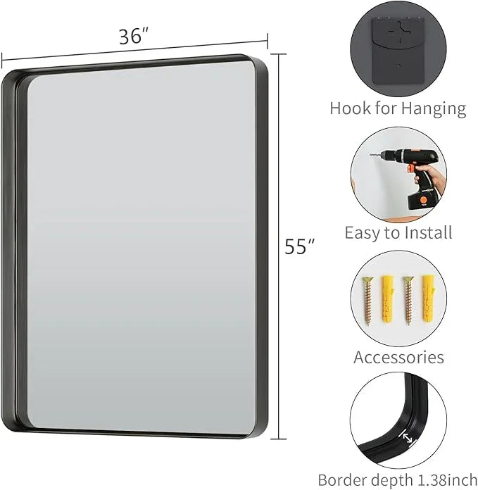 Koonmi Black Wall Mirror for Bathroom, 36x55 Inch Matte Deep Framed Rounded Rectangle Vanity Mirror for Farmhouse Living Room, Tempered Glass, Anti-Rust, Vertically or Horizontally - ModernBath