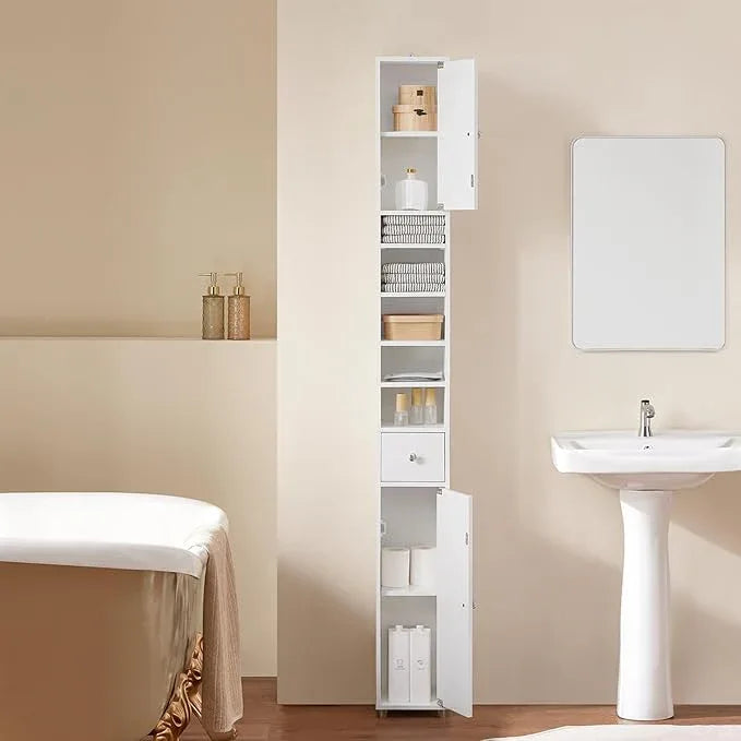 Haotian Bathroom Skinny Tall Storage Cabinet, Slim Stand Narrow Tower Cabinet with Adjustable Shelves for Small Spaces, White BZR167-GW - ModernBath