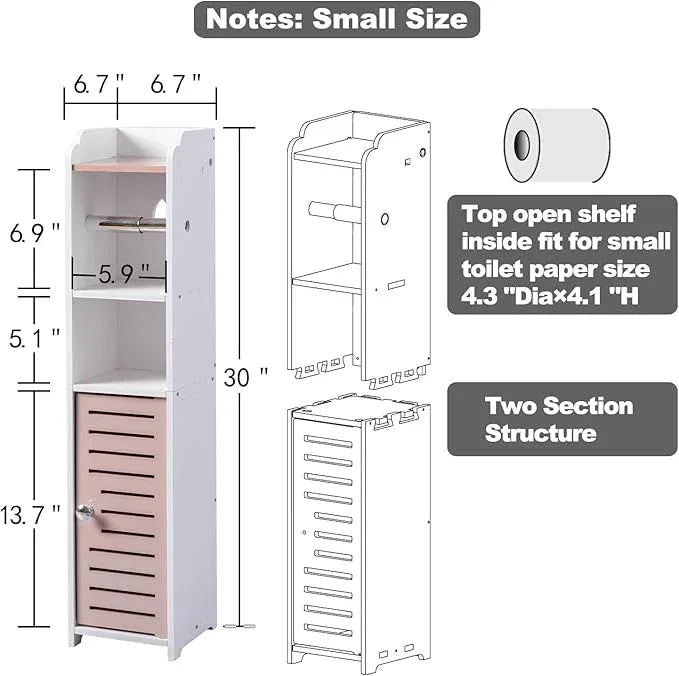 AOJEZOR Toilet Paper Holder Stand: Small Bathroom Storage Cabinet - Pinkish Rose - White - ModernBath