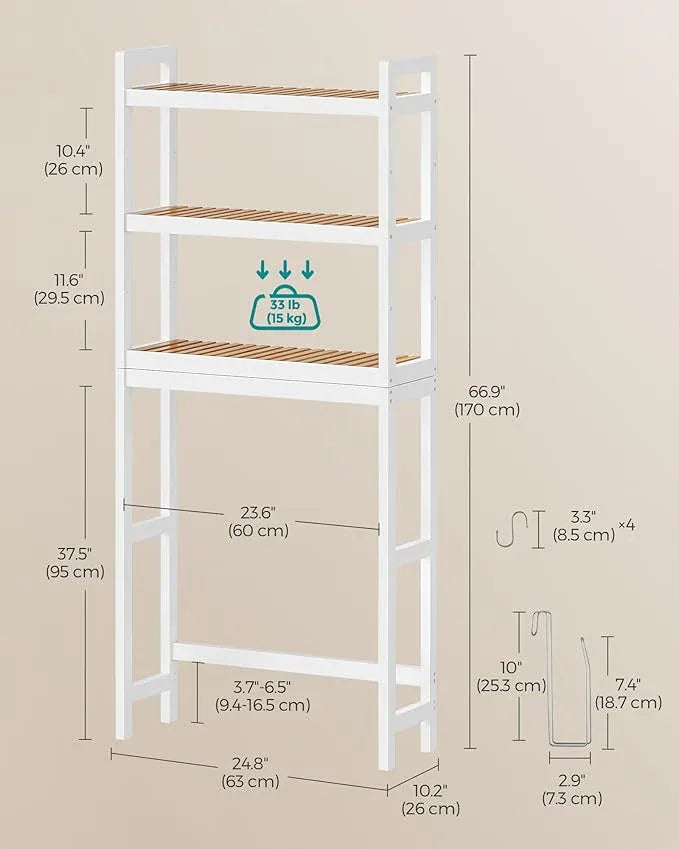 SONGMICS Over The Toilet Storage, 3-Tier Over Toilet Bathroom Organizer with Adjustable Shelf, 10.2 x 24.8 x 66.9 Inches, Space-Saving, Cloud White and Natural Beige UBTS001W02 - ModernBath