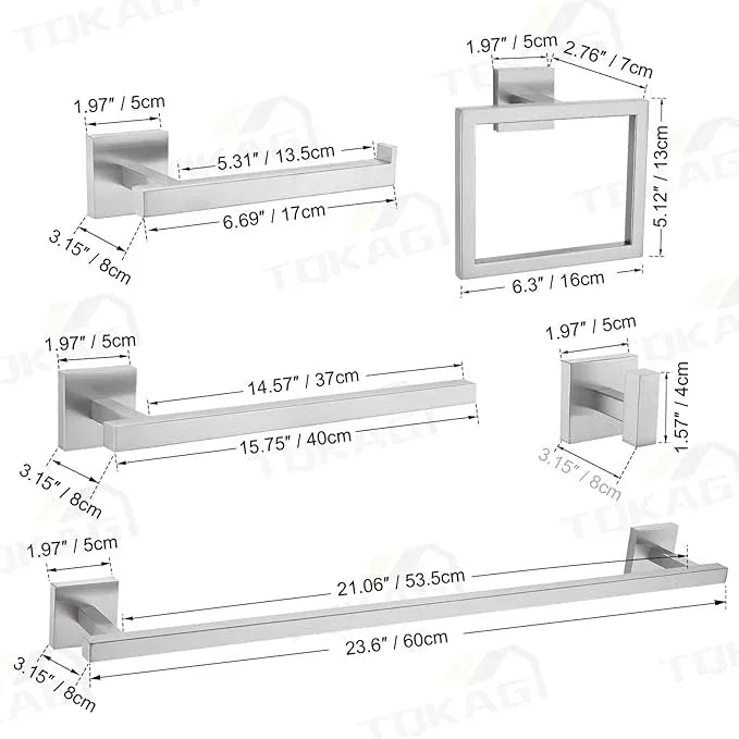 TQKAG 7-Pieces Brushed Nickel Bathroom Hardware Accessories Set 23.6" SUS304 Stainless Steel Towel Bar Set Toilet Paper Spare Rolls Storage Holder Wall Mounted - ModernBath