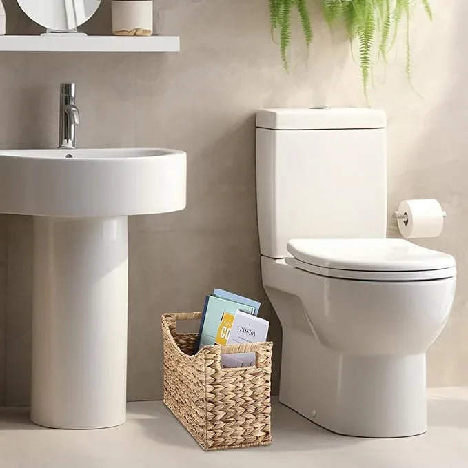 BTSKY Woven Magazine Holder, Water Hyacinth Magazine Basket, Natural Storage Basket Bin for Books & Files, Bathroom Magazine Rack with Built-in-Handle for Home, Office & Desk - 17x6.5x9.8 Inch - ModernBath