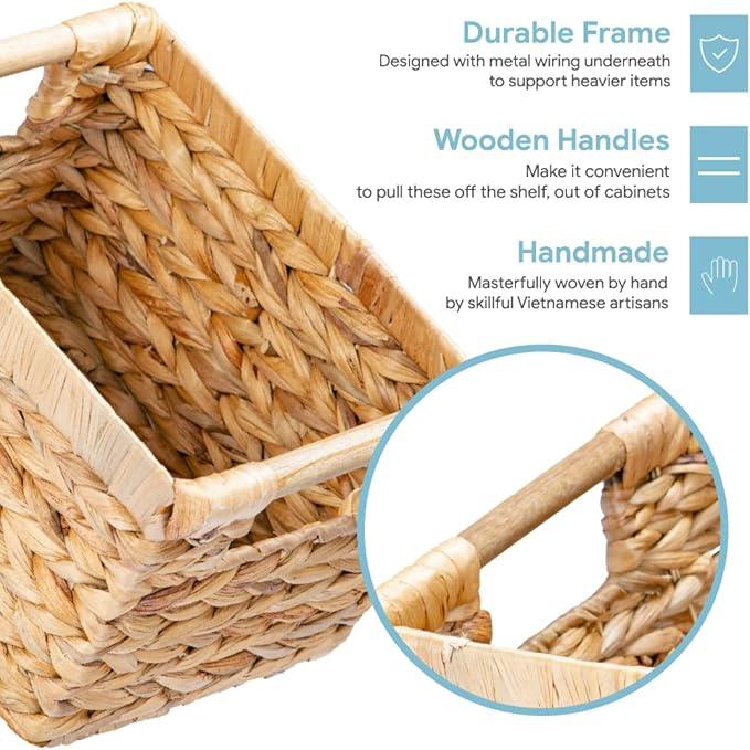 Small Wicker Baskets for Organizing Bathroom, Hyacinth Baskets for Storage, Wicker Storage Basket with Wooden Handle, Decorative Small Basket 10 x 7.5 x 6.3 inches - 3 Pack - ModernBath
