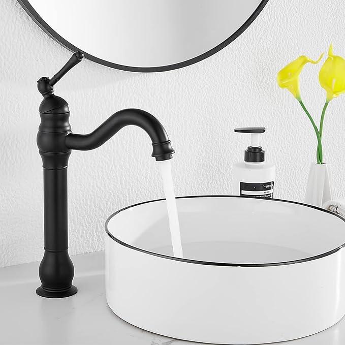 Black Bathroom Faucet GGStudy 360° Swivel Single-Handle One Hole Bathroom Vessel Sink Faucet Matching Pop Up Drain - ModernBath