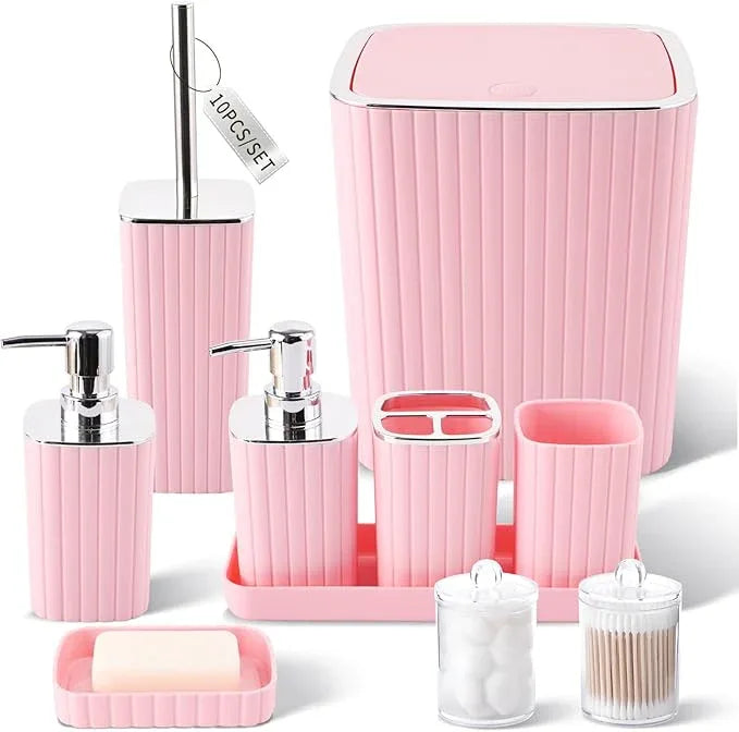 XLHOMO Pink Bathroom Accessories Set - Gorgeous Bathroom Set, 10PC Bathroom Accessory Set, Toilet Brush, Trash Can, Qtip Holder Dispenser & Soap Dispenser - ModernBath