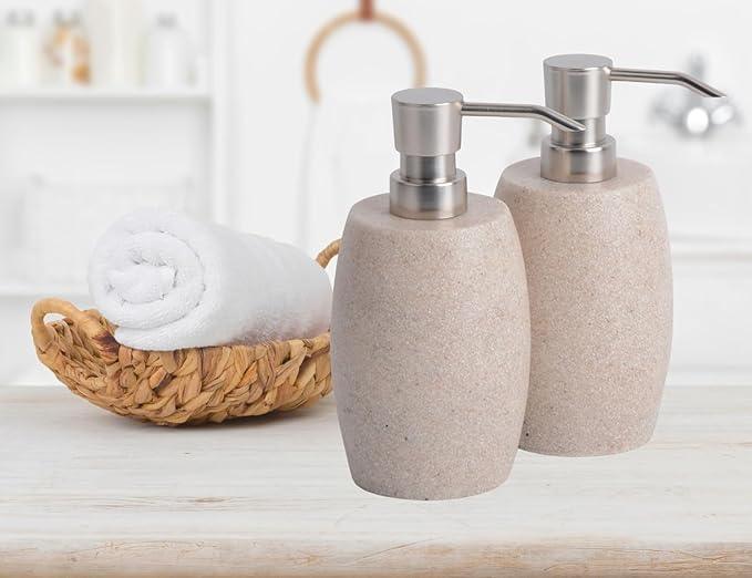 Clasin Home Sandstone Textured Resin Soap Dispenser with Metallic Pump and Waterproof Bottle Labels for Bathroom Kitchen Dish Hand Wash Shower Lotion Shampoo, 12 Oz, 2 Sets Beige - ModernBath