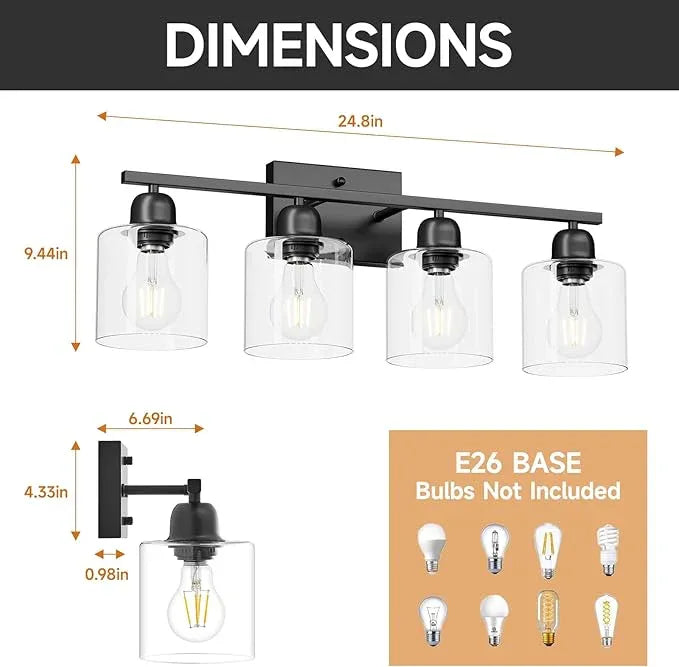 FAISHILAN Modern 4 Light Bathroom Light Fixtures, 24 inch Black Vanity Lights for Bathroom with Clear Glass, Bathroom Vanity Light for Mirror Kitchen Living Room Hallway Cabinet Porch - ModernBath