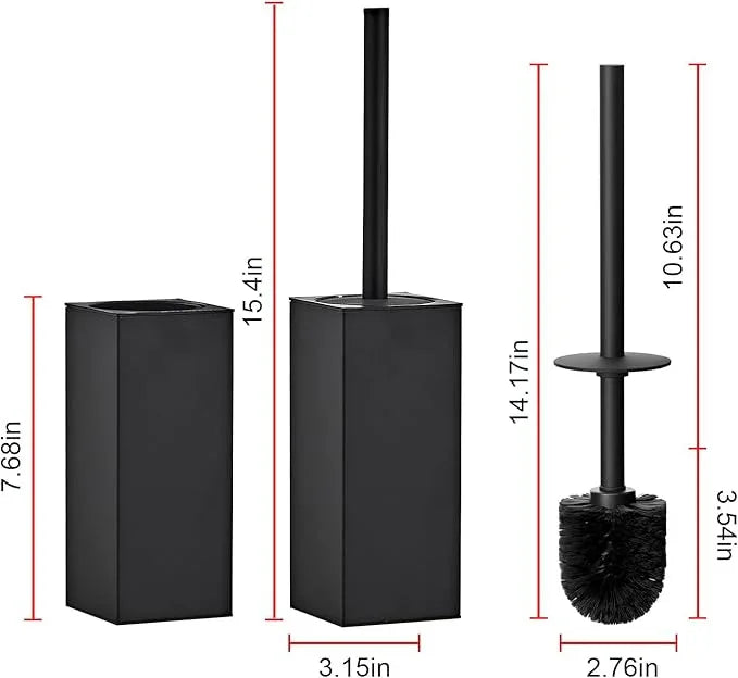 Toilet Brush and Holder Set, NEWRAIN Stainless Steel Toilet Brush with Long Brush Handle, Matte Black Toilet Scrubber and Covered Holder, Square Design Sturdy and Space Saving - ModernBath