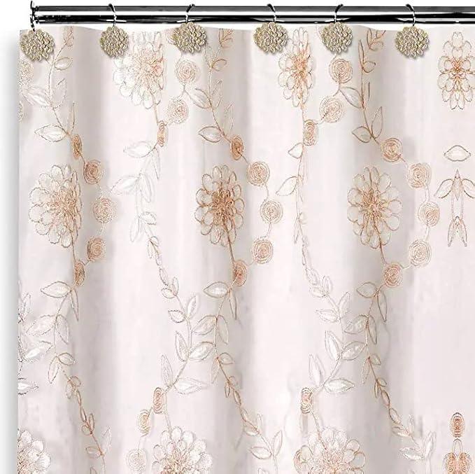 Zahari Home 13pc Rose Vine Bathroom Sheer Shower Curtain Sets Sheer Shower Curtain & 12 Shower Bathroom Hooks Modern Classic Luxury Contemporary Decor Beige Shower Curtain Set - ModernBath