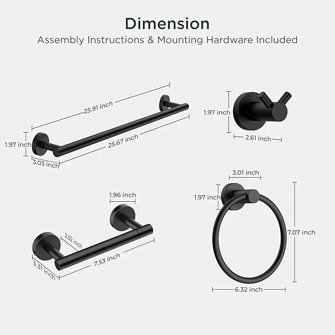 FORIOUS Bathroom Hardware Accessories Set, SUS304 Stainless Steel 24 Inch Towel Bar Set, Modern Towel Racks Holder for Bathroom Wall Mounted, 4 Pieces, Matte Black - ModernBath