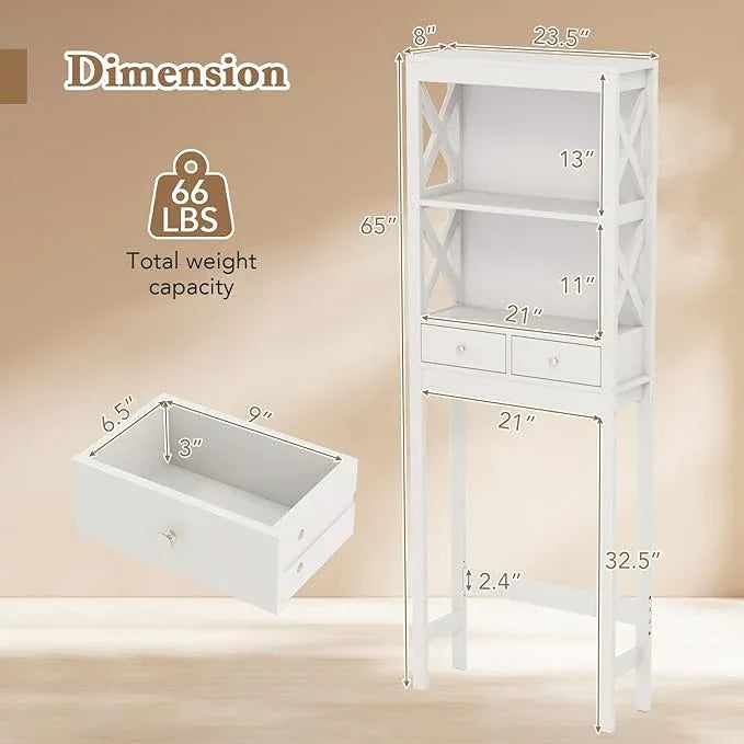 Giantex Over The Toilet Storage Cabinet with 2 Drawers, Over Toilet Bathroom Organizer with 2 Open Shelves, Freestanding Space Saver Above Toilet for Restroom, White - ModernBath