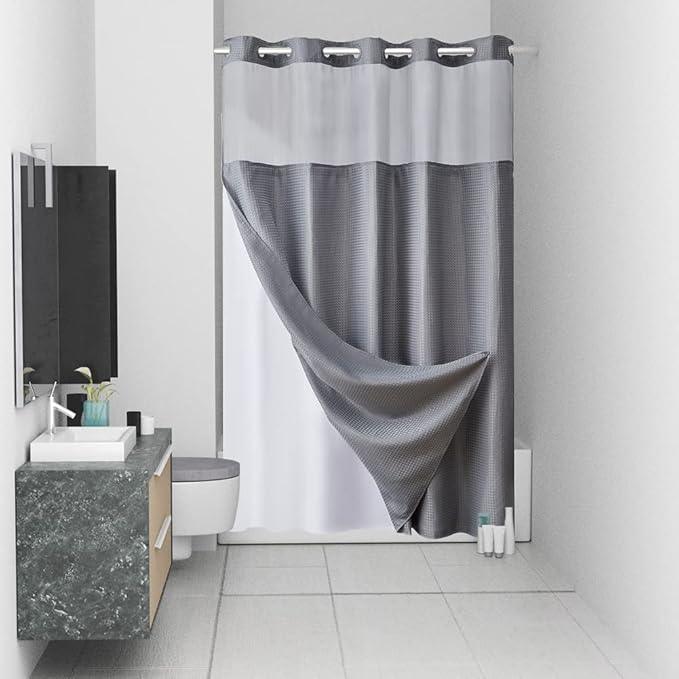 Furlinic Stall Size No Hook Shower Curtain with Snap in Liner,Waffle Weave Heavy Duty Fabric Bathroom Curtains with See Through Top Window,Waterproof & Machine Washable,Grey,36x72 Inch - ModernBath
